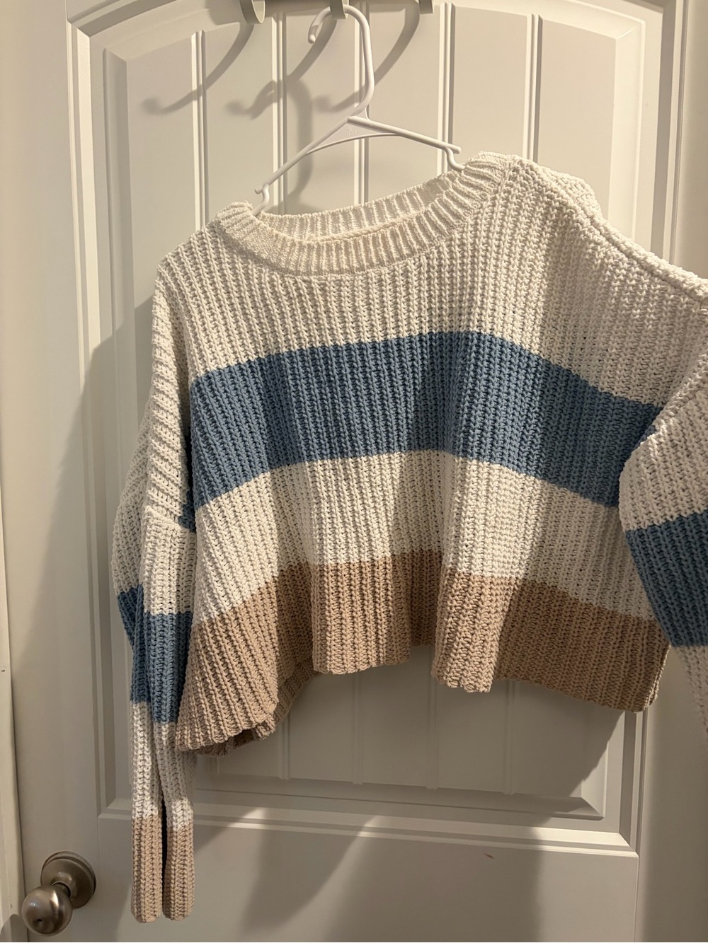 moon & madison Cropped Striped Crew Sweater in Cream, Blue & Tan